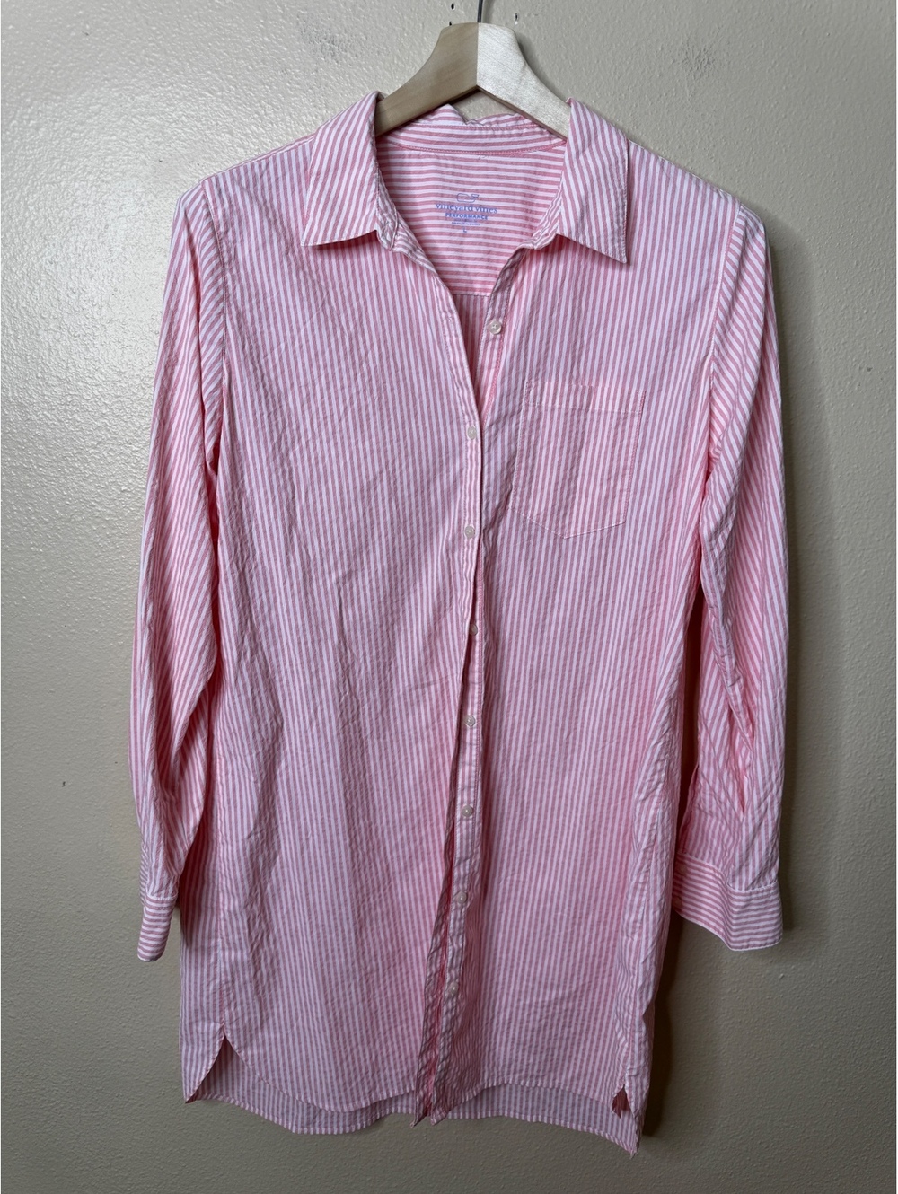 Vineyard Vines Performance Shirt Dress Women's L Button Up Pink White Stripe